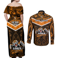 Papua New Guinea Rugby Couples Matching Off Shoulder Maxi Dress and Long Sleeve Button Shirts Lae Snax Tigers PNG Polynesian Pattern LT14 - Polynesian Pride