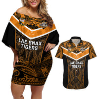 Papua New Guinea Rugby Couples Matching Off Shoulder Short Dress and Hawaiian Shirt Lae Snax Tigers PNG Polynesian Pattern LT14 Orange - Polynesian Pride