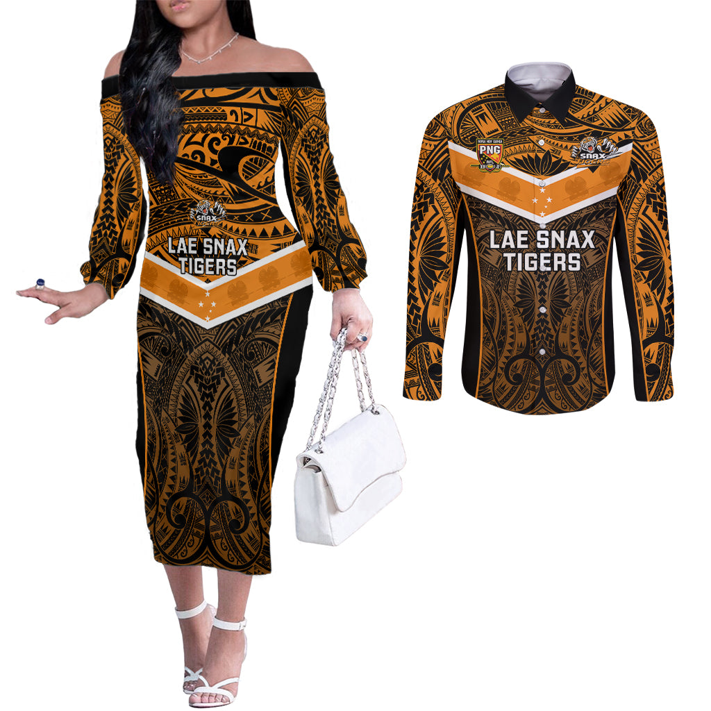 Papua New Guinea Rugby Couples Matching Off The Shoulder Long Sleeve Dress and Long Sleeve Button Shirts Lae Snax Tigers PNG Polynesian Pattern LT14 Orange - Polynesian Pride