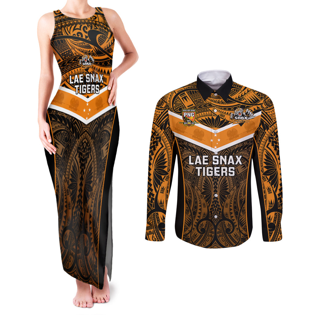 Papua New Guinea Rugby Couples Matching Tank Maxi Dress and Long Sleeve Button Shirts Lae Snax Tigers PNG Polynesian Pattern LT14 Orange - Polynesian Pride