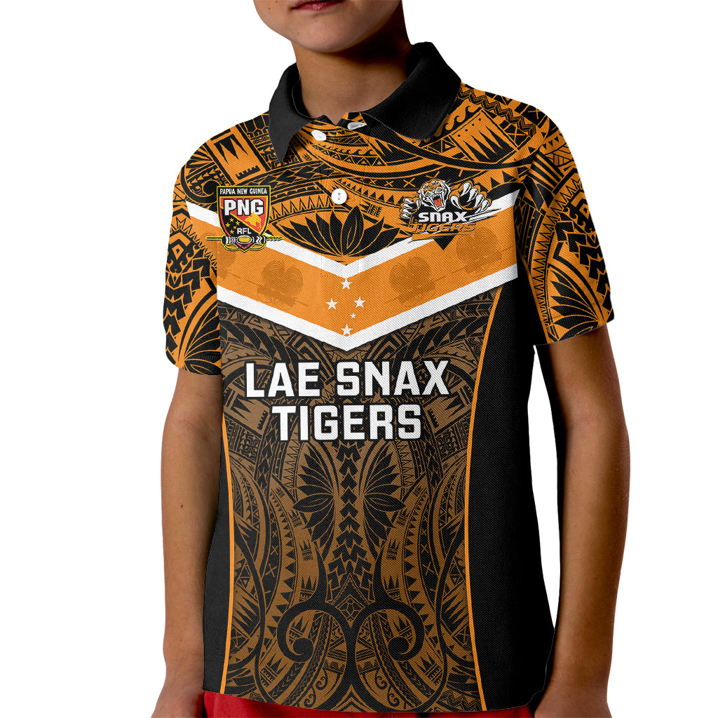 Papua New Guinea Rugby Kid Polo Shirt Lae Snax Tigers PNG Polynesian Pattern LT14 Kid Orange - Polynesian Pride