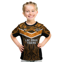 Papua New Guinea Rugby Kid T Shirt Lae Snax Tigers PNG Polynesian Pattern LT14 Orange - Polynesian Pride
