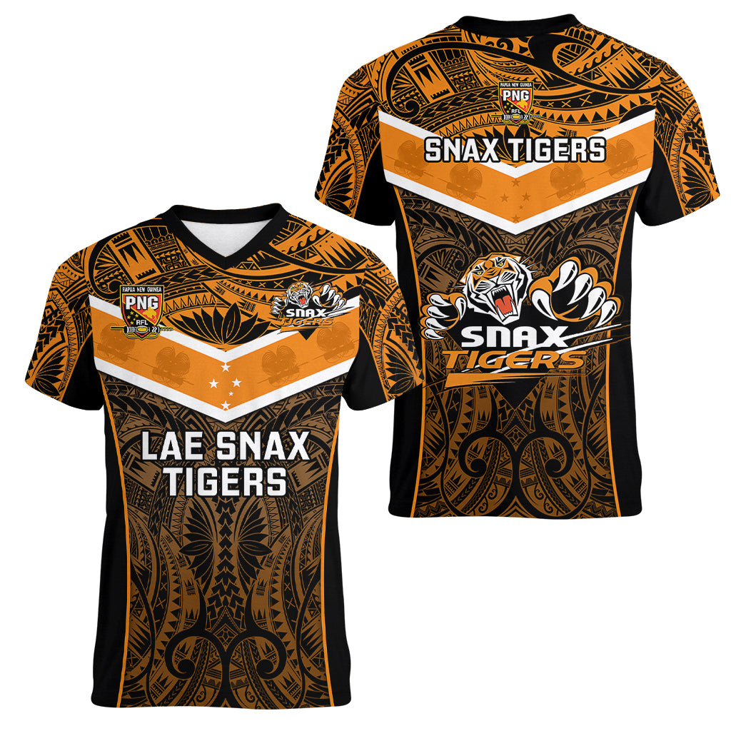 Papua New Guinea Rugby Women V Neck T Shirt Lae Snax Tigers PNG Polynesian Pattern LT14 - Polynesian Pride