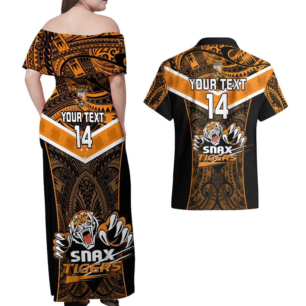 Custom Papua New Guinea Rugby Couples Matching Off Shoulder Maxi Dress and Hawaiian Shirt Lae Snax Tigers PNG Polynesian Pattern LT14 - Polynesian Pride