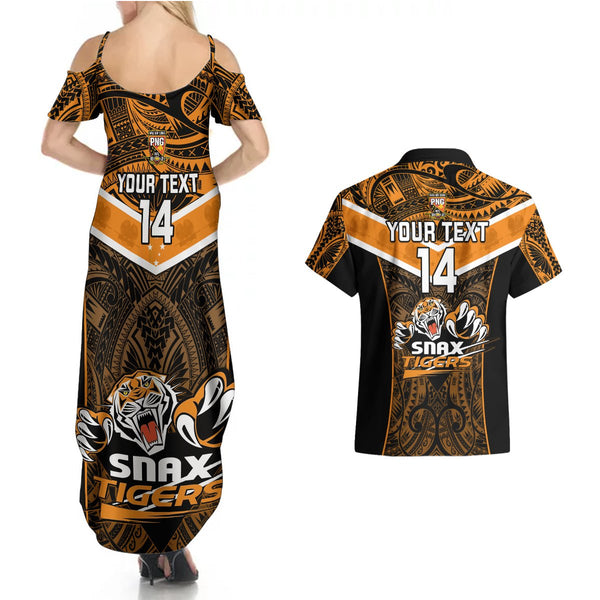 Custom Papua New Guinea Rugby Couples Matching Tank Maxi Dress and Long Sleeve Button Shirts Lae Snax Tigers PNG Polynesian Pattern LT14
