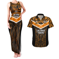 Custom Papua New Guinea Rugby Couples Matching Tank Maxi Dress And Hawaiian Shirt Lae Snax Tigers PNG Polynesian Pattern LT14 Orange - Polynesian Pride