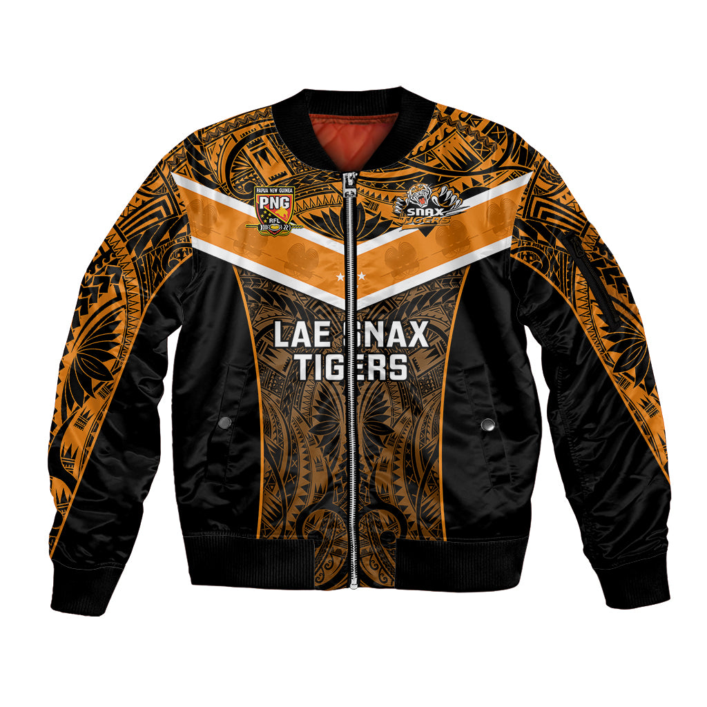 Custom Papua New Guinea Rugby Sleeve Zip Bomber Jacket Lae Snax Tigers PNG Polynesian Pattern LT14 Unisex Orange - Polynesian Pride