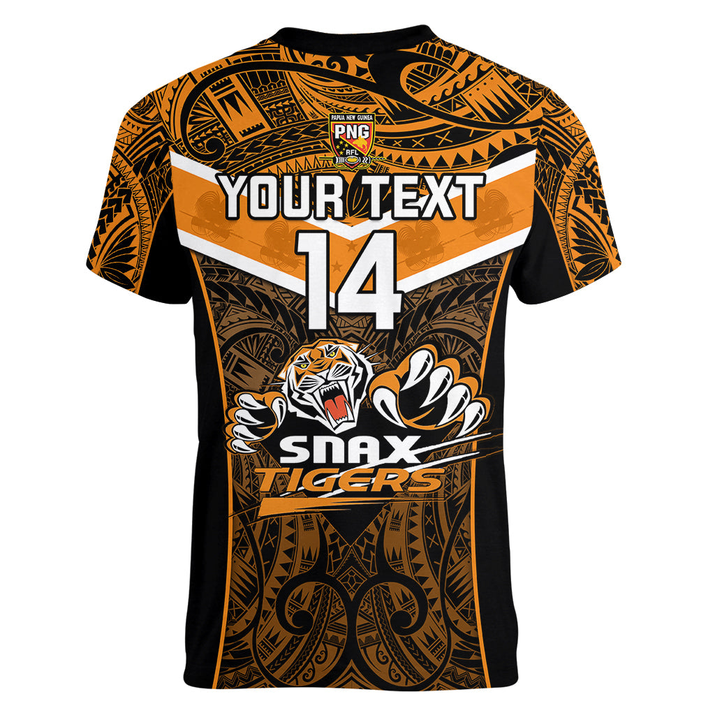 Custom Papua New Guinea Rugby Women V Neck T Shirt Lae Snax Tigers PNG Polynesian Pattern LT14 - Polynesian Pride