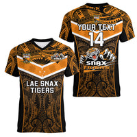 Custom Papua New Guinea Rugby Women V Neck T Shirt Lae Snax Tigers PNG Polynesian Pattern LT14 - Polynesian Pride
