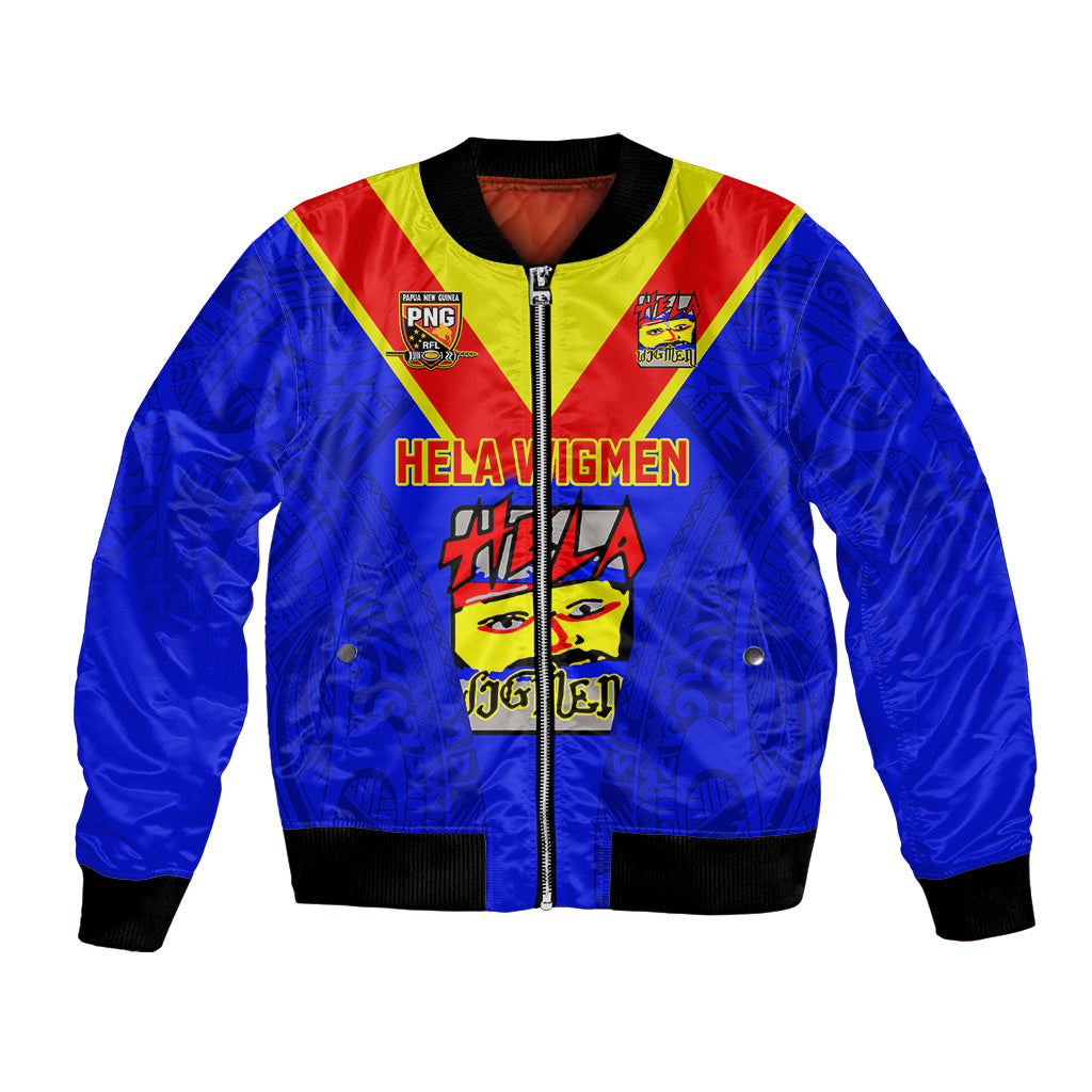 Papua New Guinea Rugby Bomber Jacket Hela Wigmen PNG Polynesian Pattern LT14 Unisex Blue - Polynesian Pride