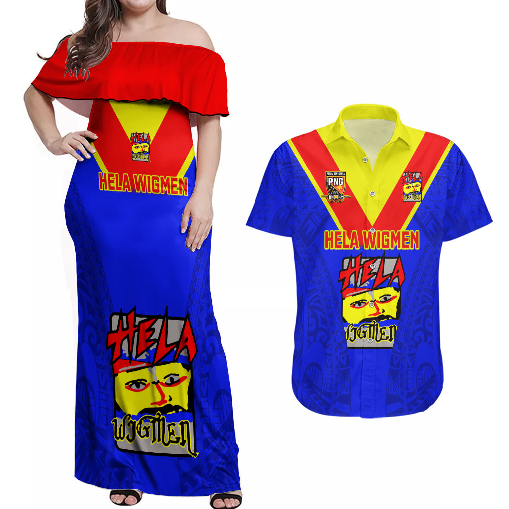 Papua New Guinea Rugby Couples Matching Off Shoulder Maxi Dress and Hawaiian Shirt Hela Wigmen PNG Polynesian Pattern LT14 Blue - Polynesian Pride