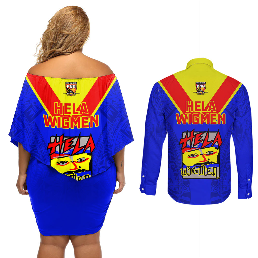 Papua New Guinea Rugby Couples Matching Off Shoulder Short Dress and Long Sleeve Button Shirts Hela Wigmen PNG Polynesian Pattern LT14 - Polynesian Pride