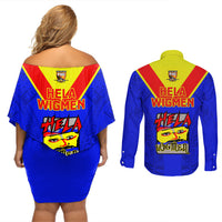 Papua New Guinea Rugby Couples Matching Off Shoulder Short Dress and Long Sleeve Button Shirts Hela Wigmen PNG Polynesian Pattern LT14 - Polynesian Pride