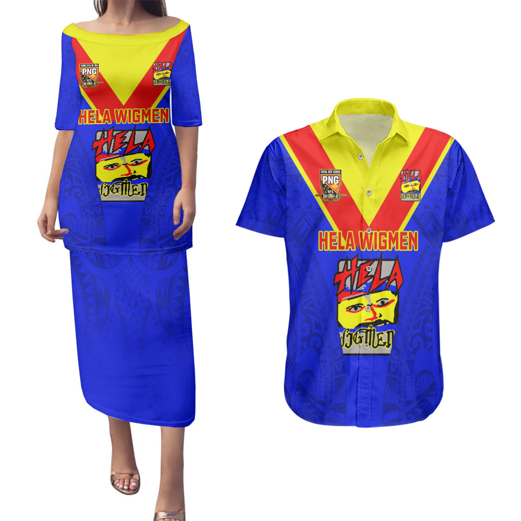 Papua New Guinea Rugby Couples Matching Puletasi Dress and Hawaiian Shirt Hela Wigmen PNG Polynesian Pattern LT14 Blue - Polynesian Pride