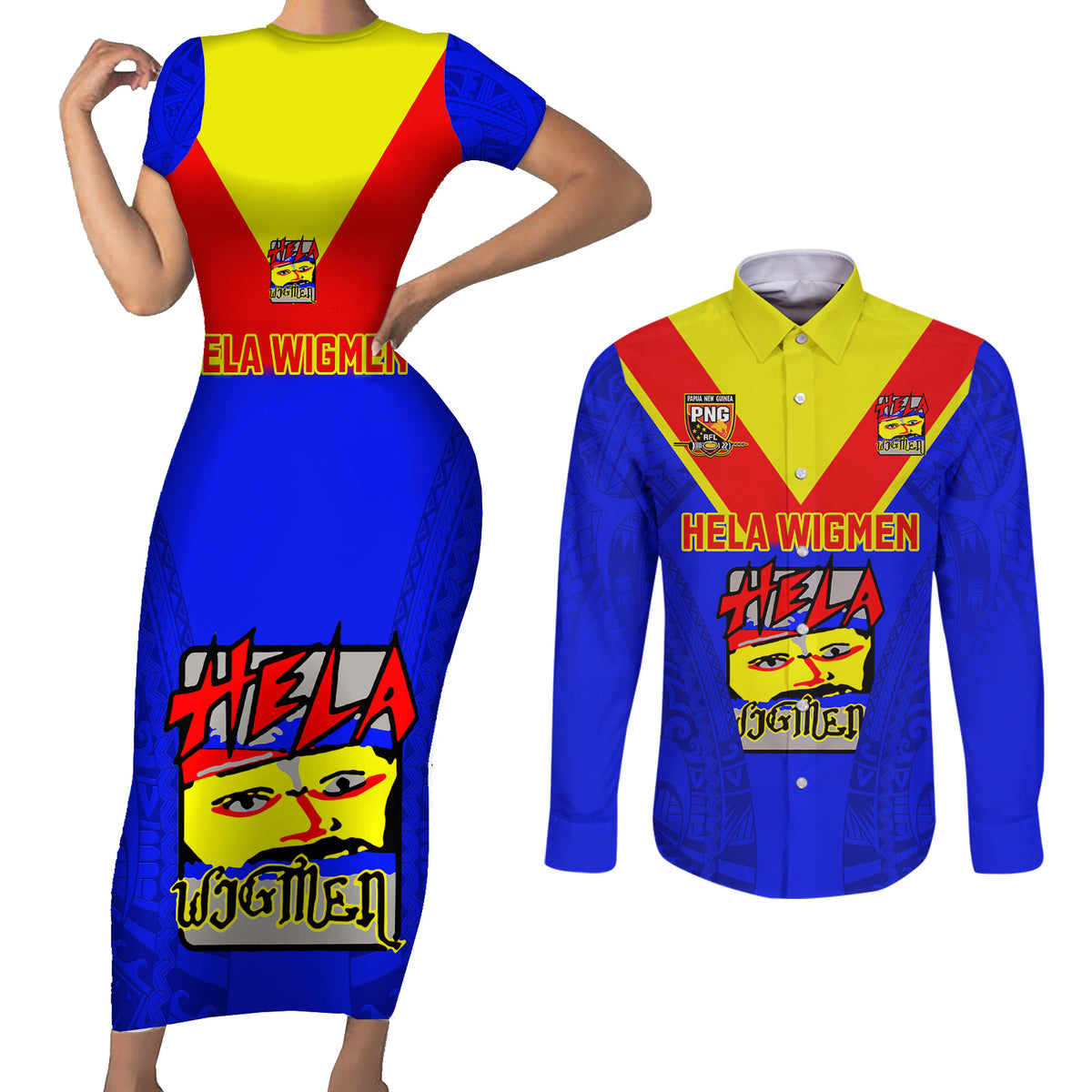 Papua New Guinea Rugby Couples Matching Short Sleeve Bodycon Dress and Long Sleeve Button Shirts Hela Wigmen PNG Polynesian Pattern LT14 Blue - Polynesian Pride