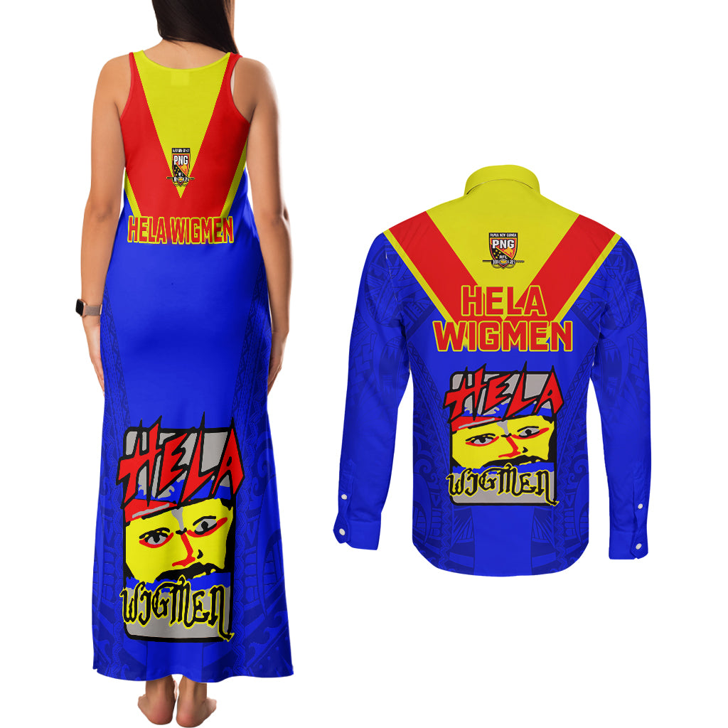 Papua New Guinea Rugby Couples Matching Tank Maxi Dress and Long Sleeve Button Shirts Hela Wigmen PNG Polynesian Pattern LT14 - Polynesian Pride