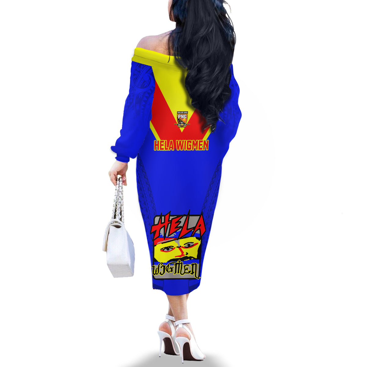 Papua New Guinea Rugby Off The Shoulder Long Sleeve Dress Hela Wigmen PNG Polynesian Pattern LT14 - Polynesian Pride