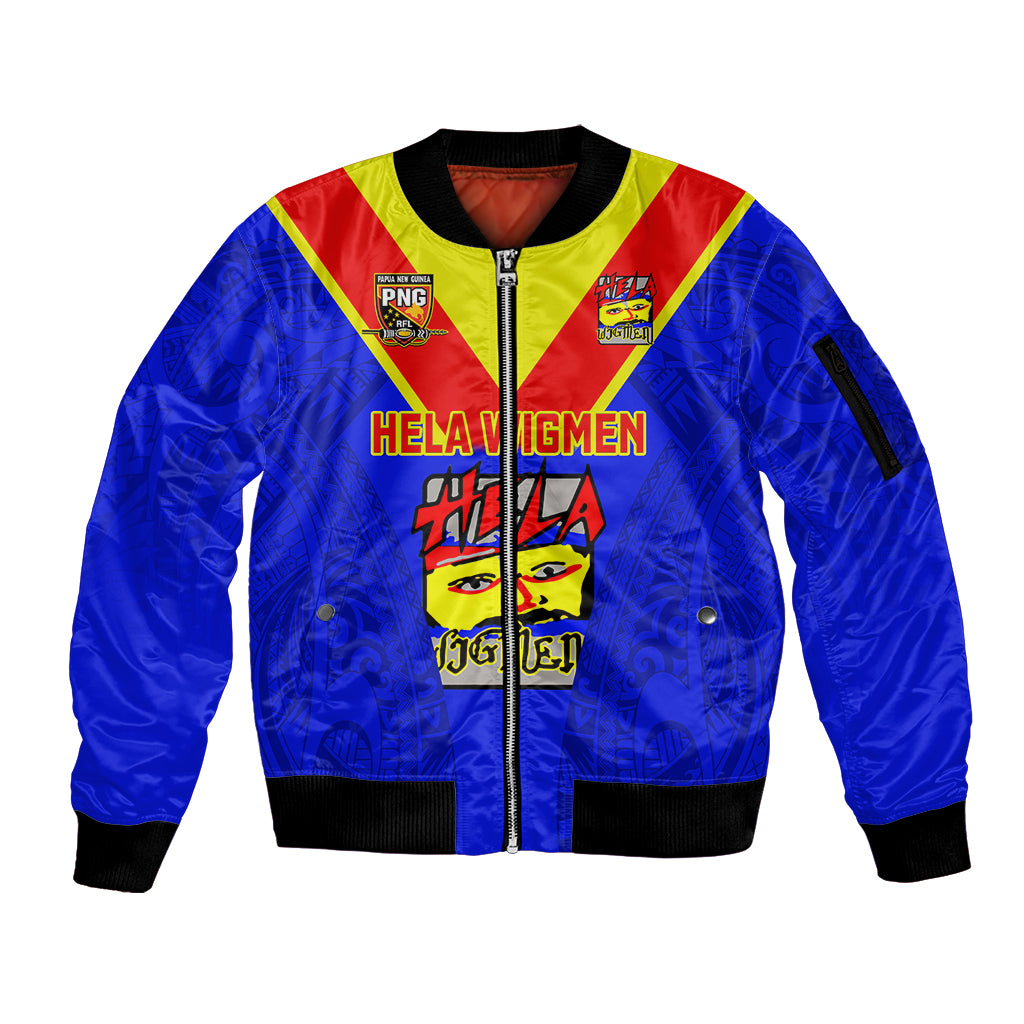 Papua New Guinea Rugby Sleeve Zip Bomber Jacket Hela Wigmen PNG Polynesian Pattern LT14 Unisex Blue - Polynesian Pride