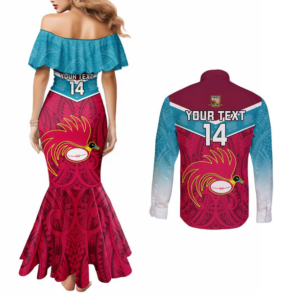 Custom Papua New Guinea Rugby Couples Matching Off Shoulder Maxi Dress and Long Sleeve Button Shirts Port Moresby Vipers PNG Polynesian Pattern LT14 main image 1