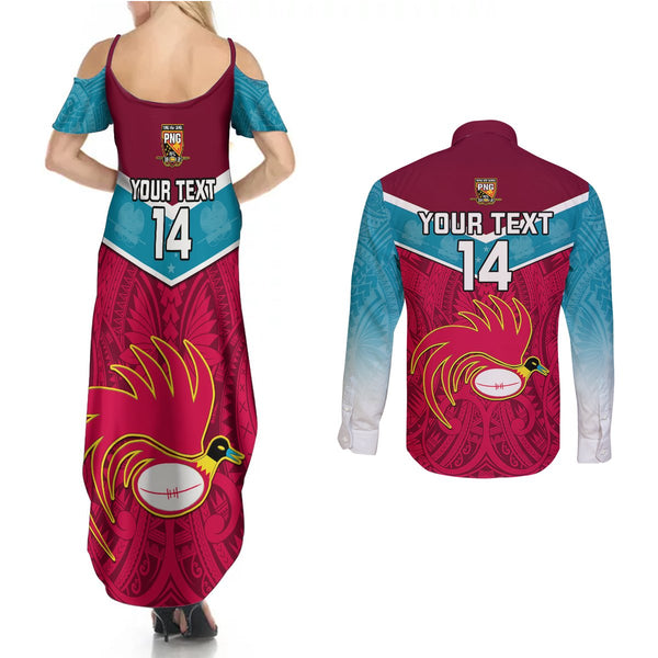 Custom Papua New Guinea Rugby Couples Matching Off Shoulder Maxi Dress and Long Sleeve Button Shirts Port Moresby Vipers PNG Polynesian Pattern LT14 main image 0