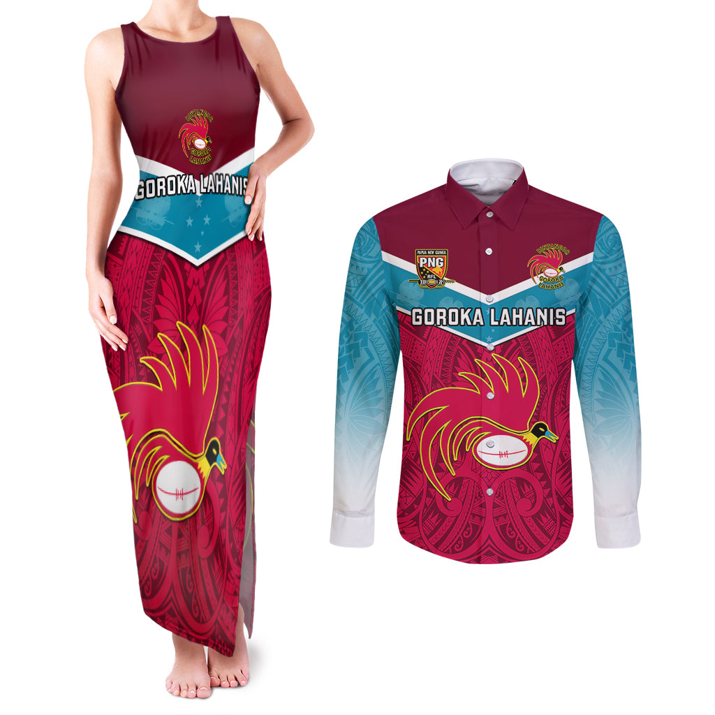 Custom Papua New Guinea Rugby Couples Matching Tank Maxi Dress and Long Sleeve Button Shirts Goroka Lahanis PNG Polynesian Pattern LT14 Red - Polynesian Pride