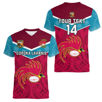 Custom Papua New Guinea Rugby Women V Neck T Shirt Goroka Lahanis PNG Polynesian Pattern LT14 - Polynesian Pride
