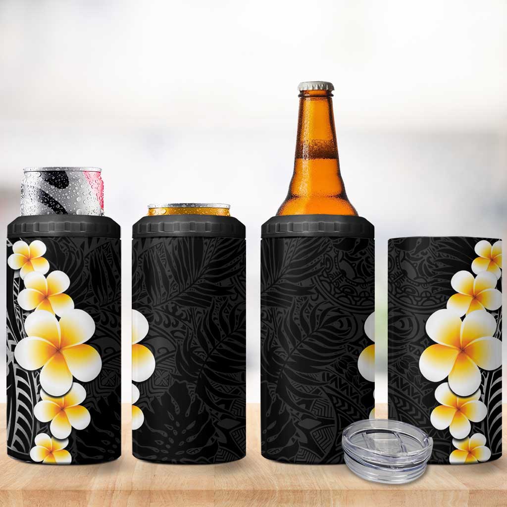 Black Tropical Plumeria With Galaxy Polynesian Art 4 in 1 Can Cooler Tumbler