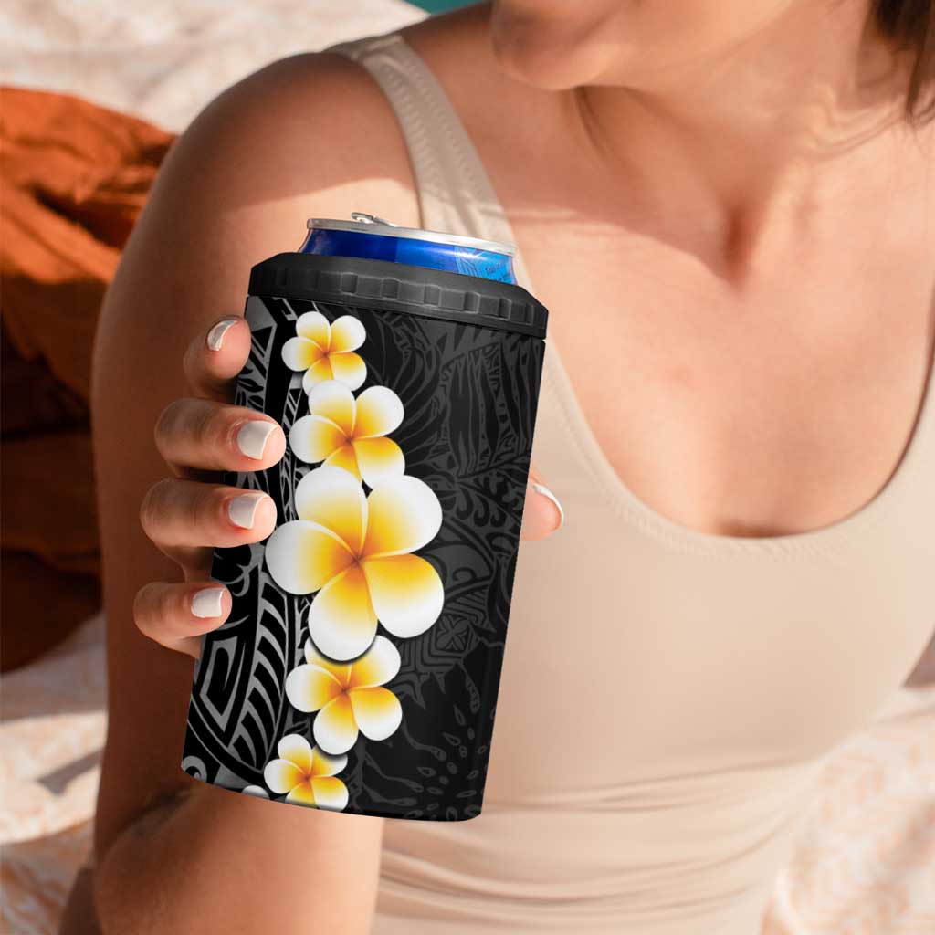 Black Tropical Plumeria With Galaxy Polynesian Art 4 in 1 Can Cooler Tumbler