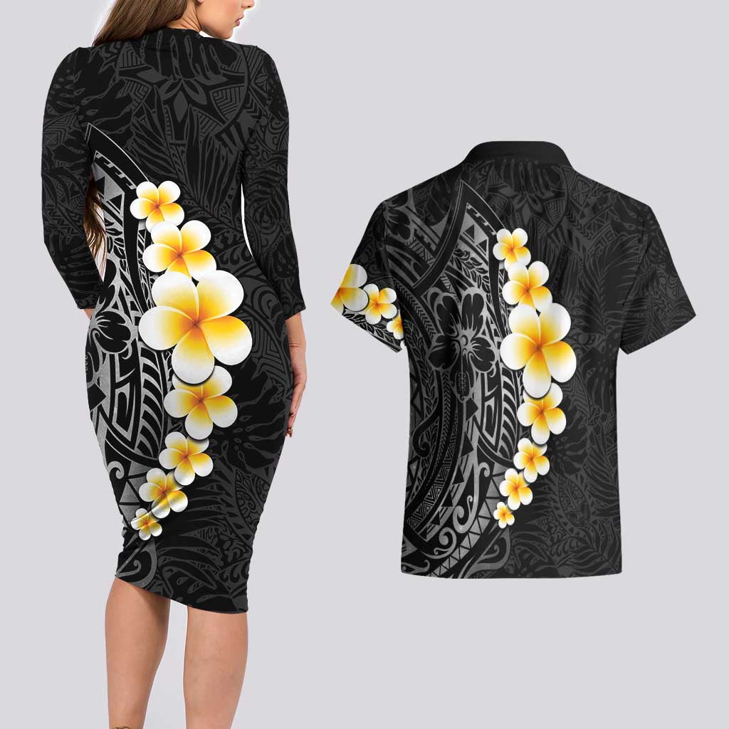 Black Tropical Plumeria With Galaxy Polynesian Art Couples Matching Long Sleeve Bodycon Dress and Hawaiian Shirt