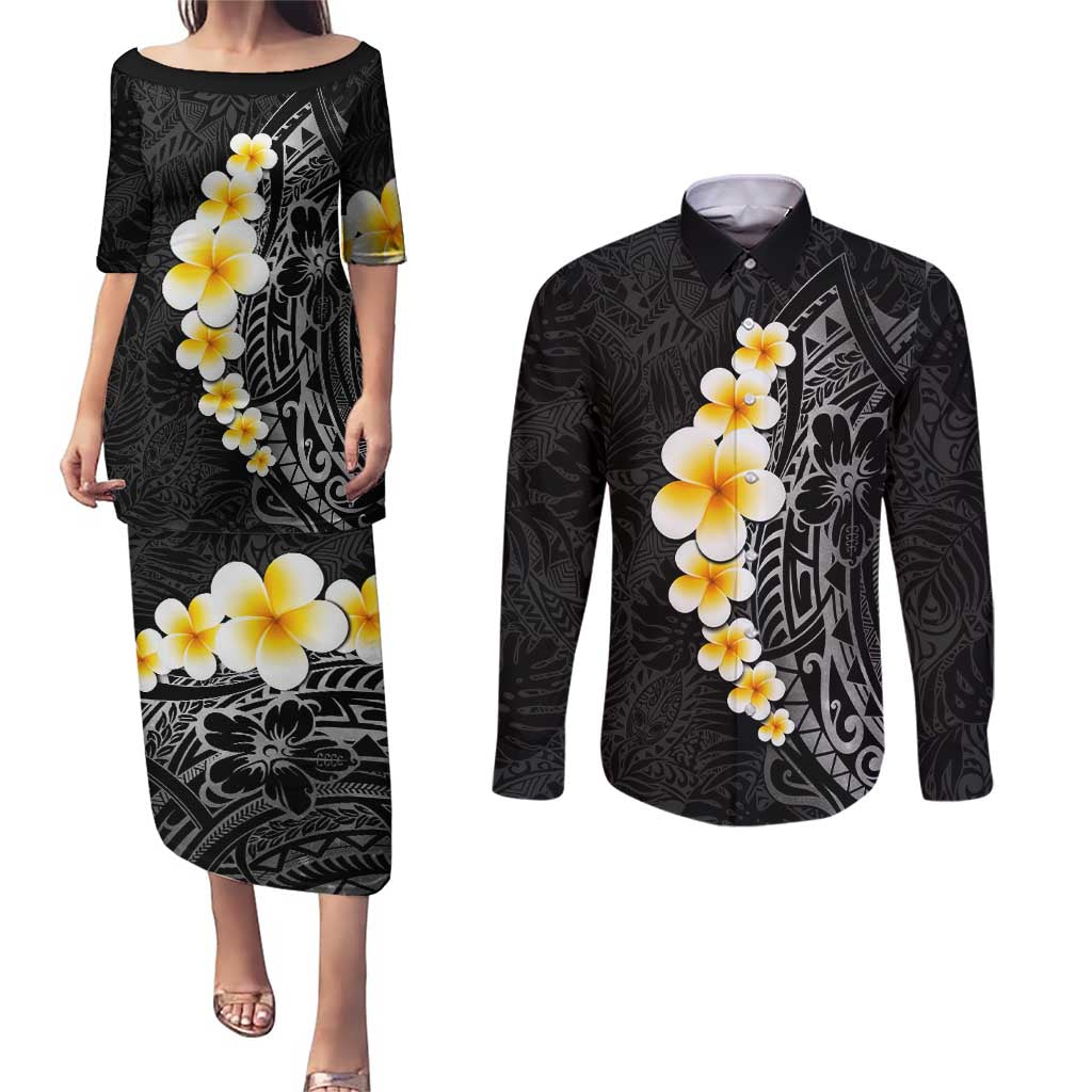 Black Tropical Plumeria With Galaxy Polynesian Art Couples Matching Puletasi and Long Sleeve Button Shirt