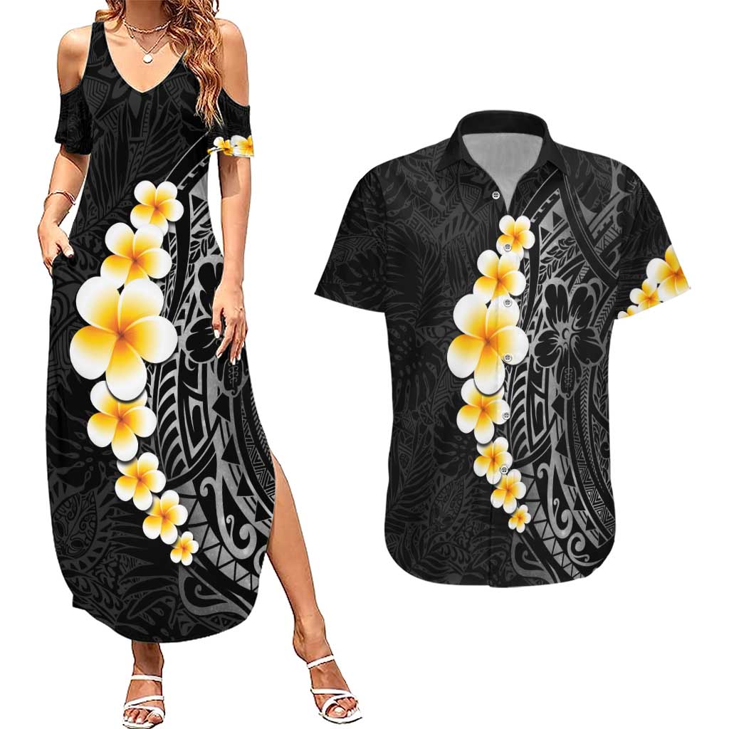 Black Tropical Plumeria With Galaxy Polynesian Art Couples Matching Summer Maxi Dress and Hawaiian Shirt LT14 Black - Polynesian Pride