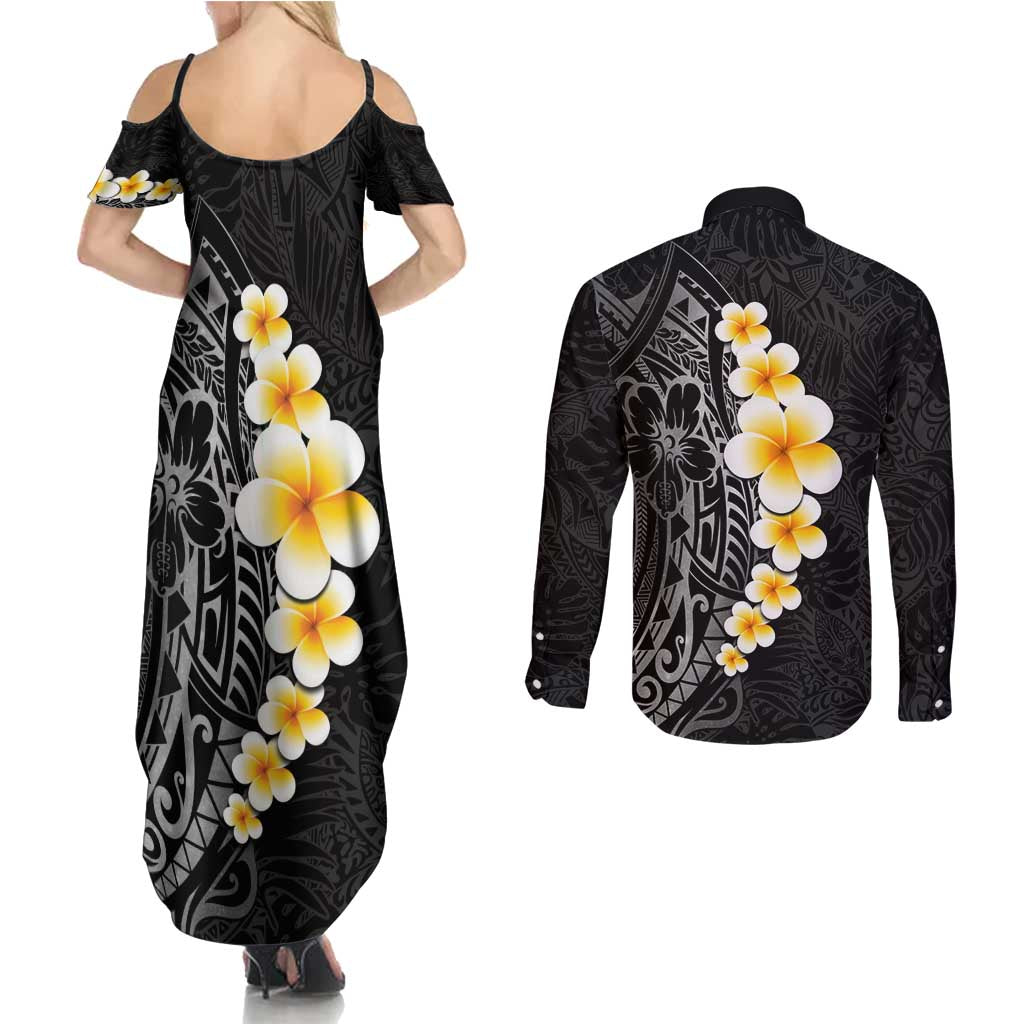 Black Tropical Plumeria With Galaxy Polynesian Art Couples Matching Summer Maxi Dress and Long Sleeve Button Shirt LT14 - Polynesian Pride
