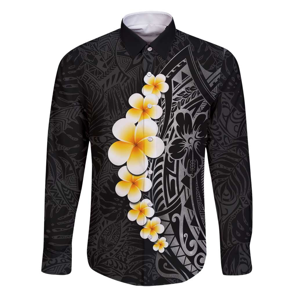 Black Tropical Plumeria With Galaxy Polynesian Art Family Matching Long Sleeve Bodycon Dress and Hawaiian Shirt LT14 Dad's Shirt - Long Sleeve Black - Polynesian Pride