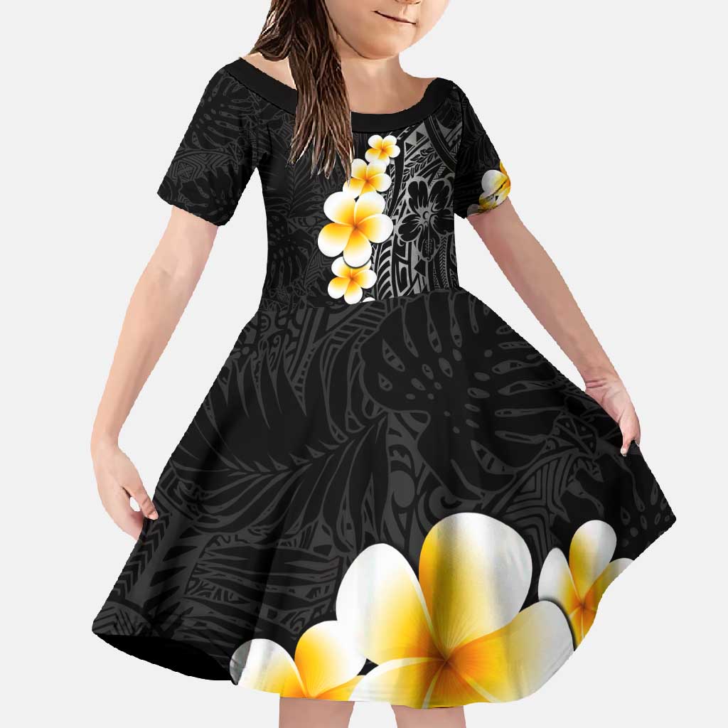 Black Tropical Plumeria With Galaxy Polynesian Art Family Matching Mermaid Dress and Hawaiian Shirt LT14 Daughter's Dress Black - Polynesian Pride