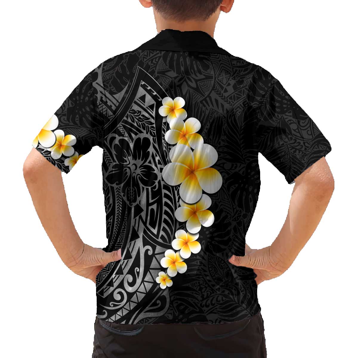 Black Tropical Plumeria With Galaxy Polynesian Art Family Matching Off The Shoulder Long Sleeve Dress and Hawaiian Shirt LT14 - Polynesian Pride