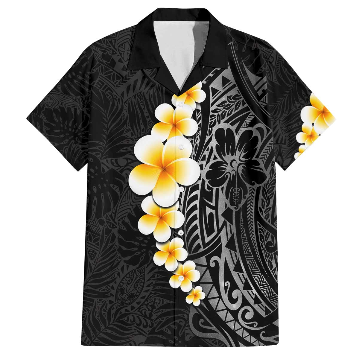 Black Tropical Plumeria With Galaxy Polynesian Art Family Matching Off The Shoulder Long Sleeve Dress and Hawaiian Shirt LT14 Dad's Shirt - Short Sleeve Black - Polynesian Pride