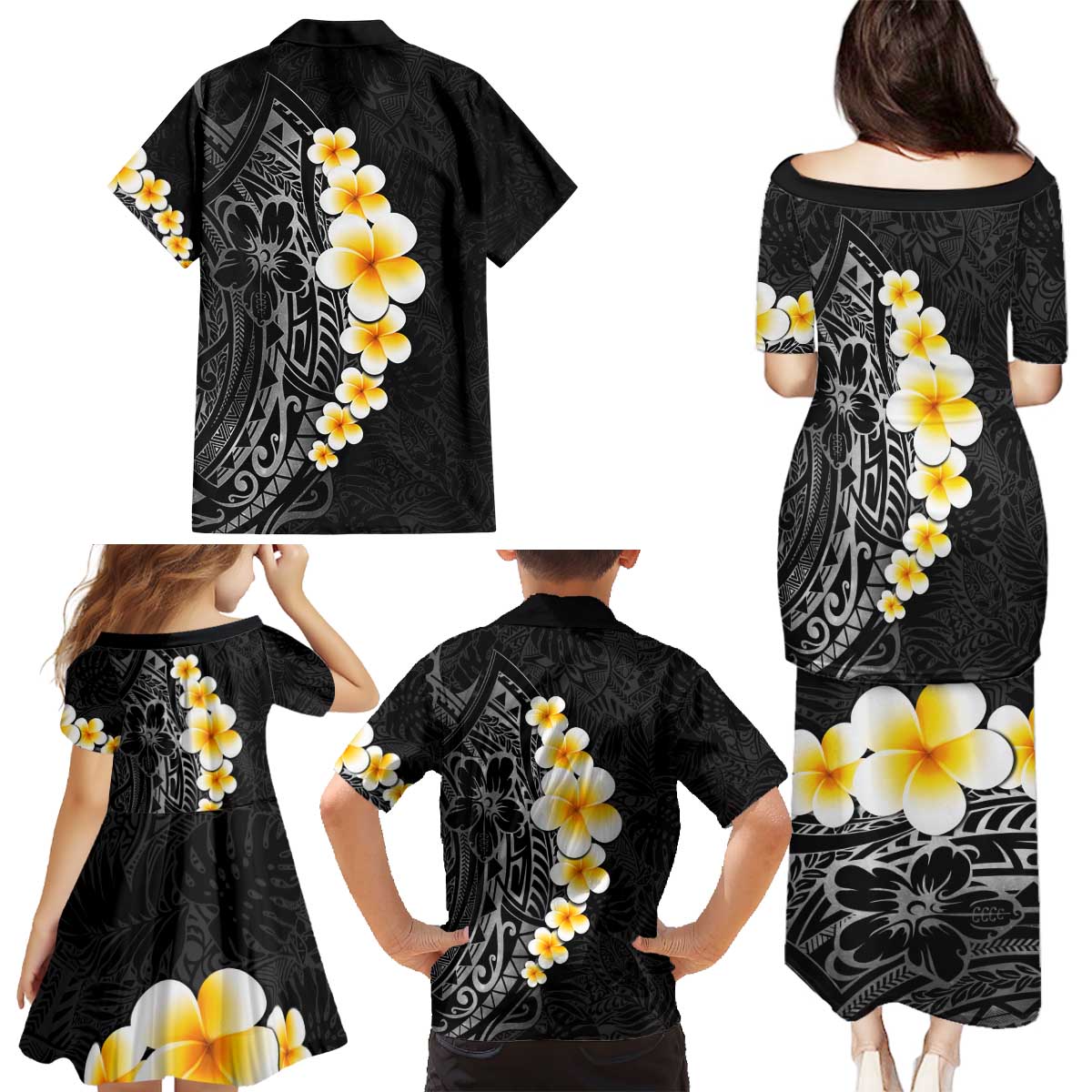 Black Tropical Plumeria With Galaxy Polynesian Art Family Matching Puletasi and Hawaiian Shirt