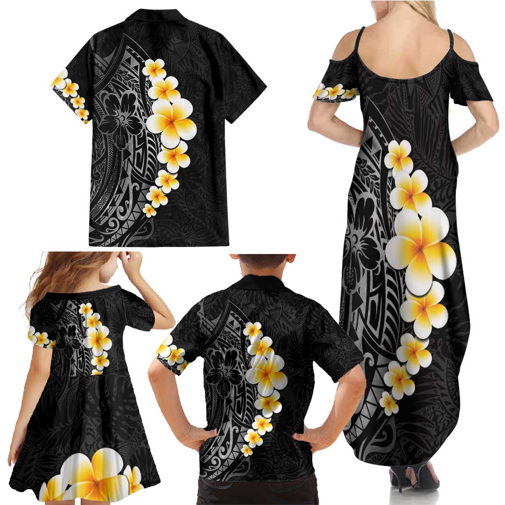 Black Tropical Plumeria With Galaxy Polynesian Art Family Matching Summer Maxi Dress and Hawaiian Shirt