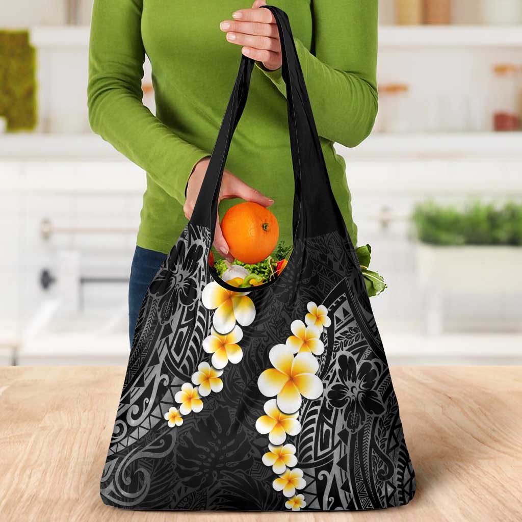 Black Tropical Plumeria With Galaxy Polynesian Art Grocery Bag