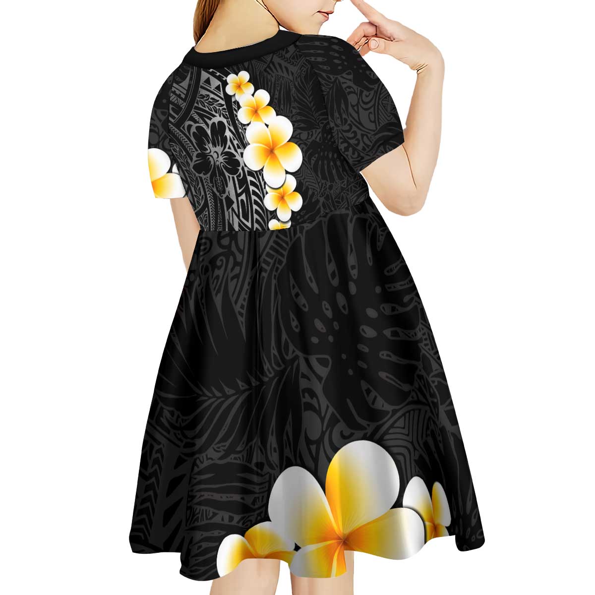 Black Tropical Plumeria With Galaxy Polynesian Art Kid Short Sleeve Dress