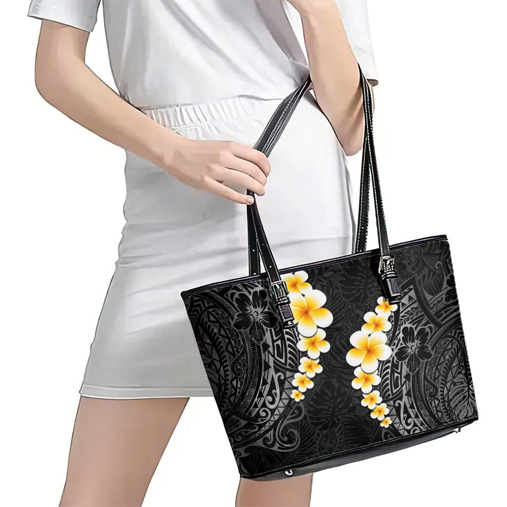Black Tropical Plumeria With Galaxy Polynesian Art Leather Tote Bag