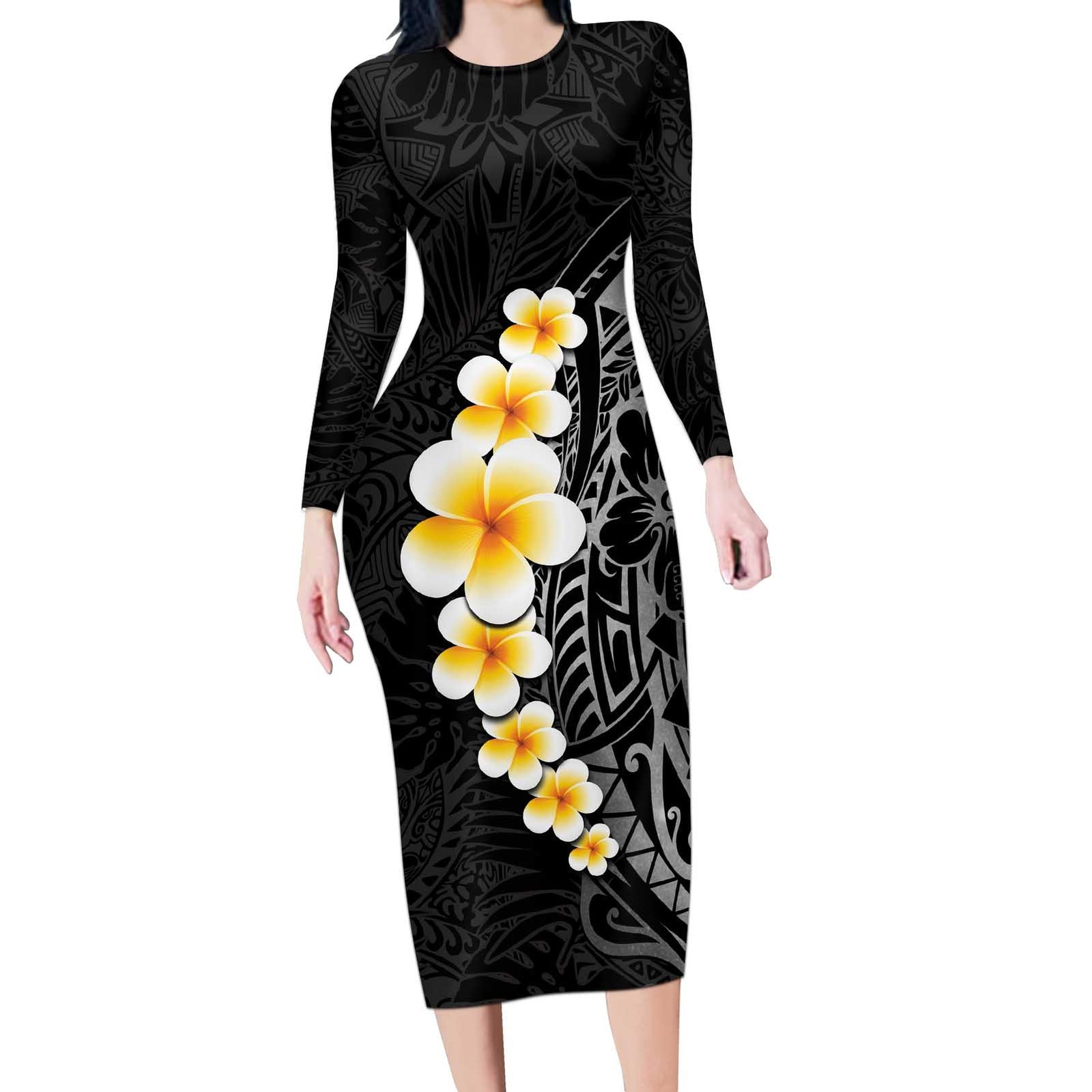 Black Tropical Plumeria With Galaxy Polynesian Art Long Sleeve Bodycon Dress LT14 Long Dress Black - Polynesian Pride