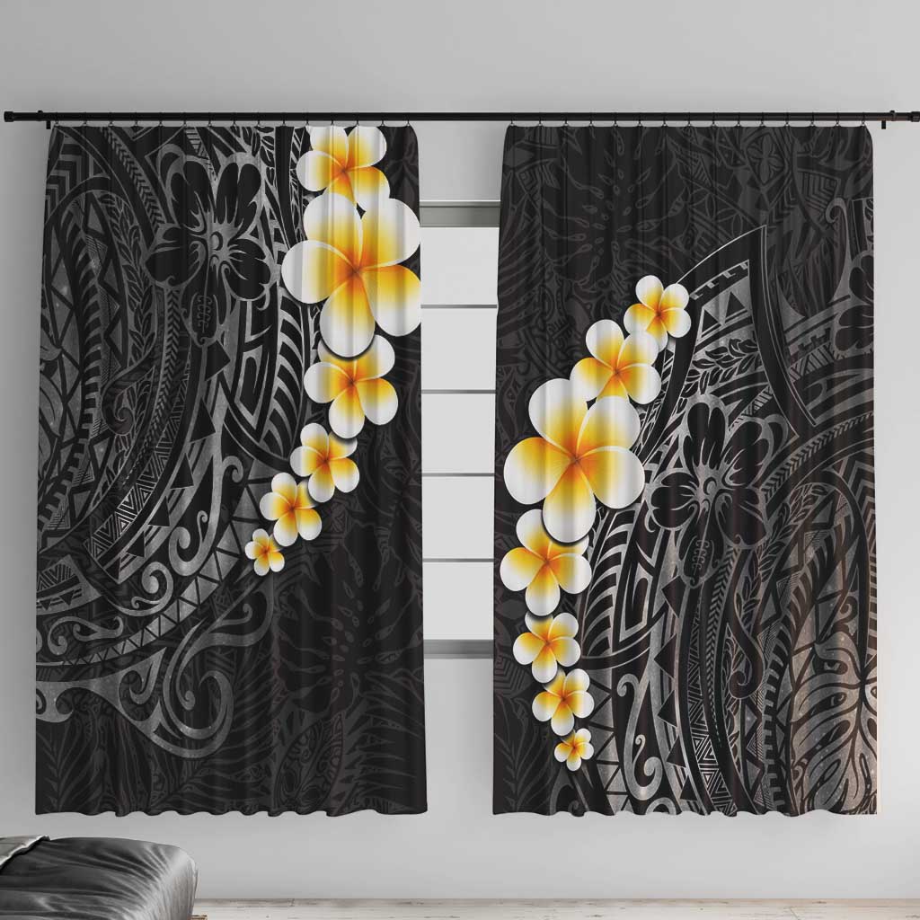 Black Tropical Plumeria With Galaxy Polynesian Art Window Curtain LT14 With Hooks Black - Polynesian Pride