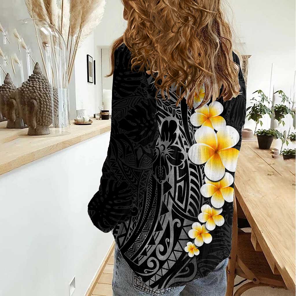 Black Tropical Plumeria With Galaxy Polynesian Art Women Casual Shirt LT14