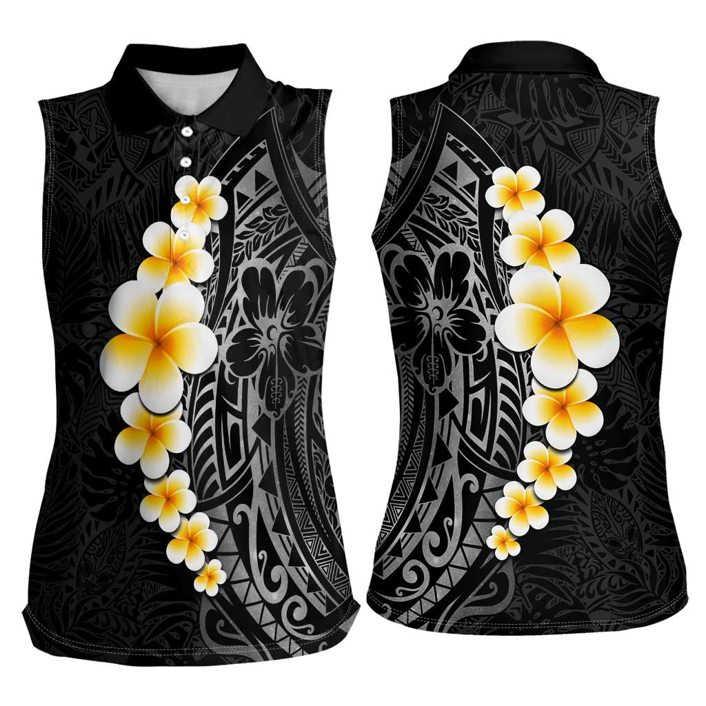 Black Tropical Plumeria With Galaxy Polynesian Art Women Sleeveless Polo Shirt