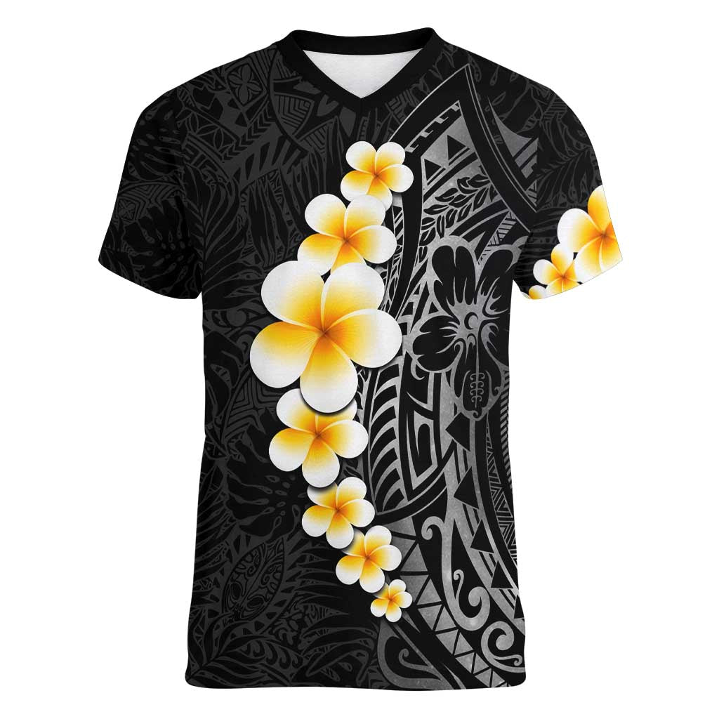 Black Tropical Plumeria With Galaxy Polynesian Art Women V-Neck T-Shirt LT14 Female Black - Polynesian Pride
