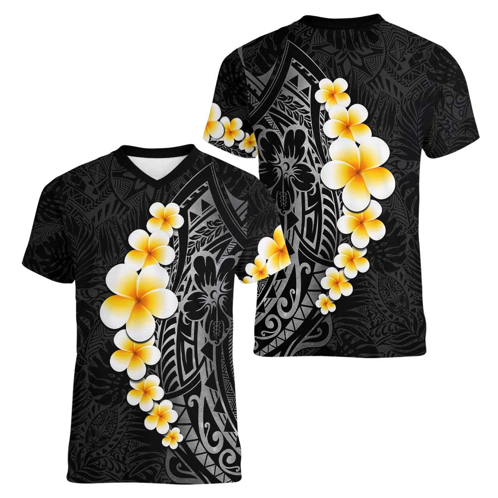 Black Tropical Plumeria With Galaxy Polynesian Art Women V-Neck T-Shirt
