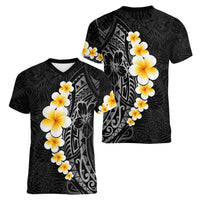 Black Tropical Plumeria With Galaxy Polynesian Art Women V-Neck T-Shirt