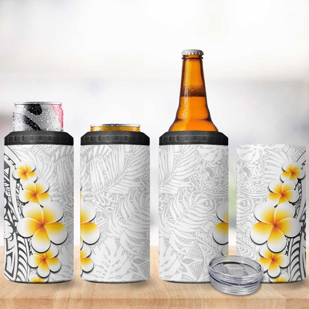 White Tropical Plumeria With Galaxy Polynesian Art 4 in 1 Can Cooler Tumbler