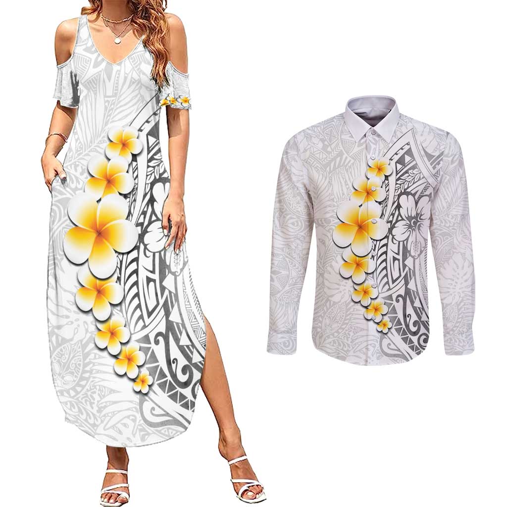 White Tropical Plumeria With Galaxy Polynesian Art Couples Matching Summer Maxi Dress and Long Sleeve Button Shirt LT14 White - Polynesian Pride